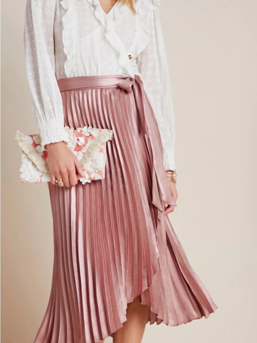 Anthropologie Maeve Paulina Pleated Satin Wrap Midi Skirt in Dusty Rose SZ 0
